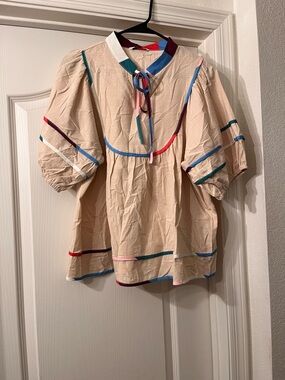 Beige Peasant Blouse with Multicolor Trim